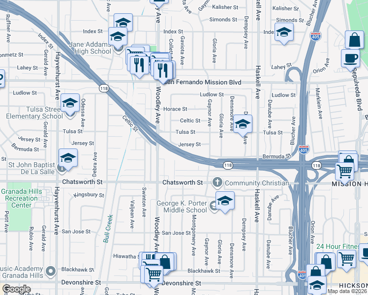 map of restaurants, bars, coffee shops, grocery stores, and more near 16055 Jersey Street in Los Angeles