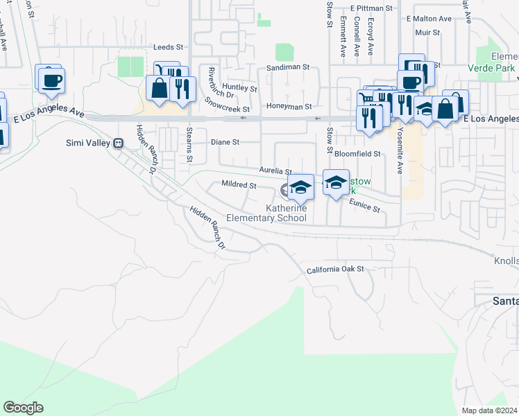 map of restaurants, bars, coffee shops, grocery stores, and more near 5368 Leland Circle in Simi Valley