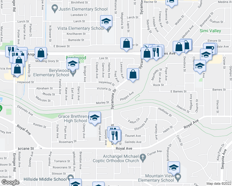 map of restaurants, bars, coffee shops, grocery stores, and more near in Simi Valley