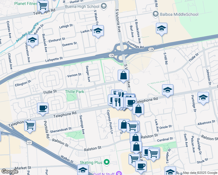 map of restaurants, bars, coffee shops, grocery stores, and more near 869 Miller Court in Ventura