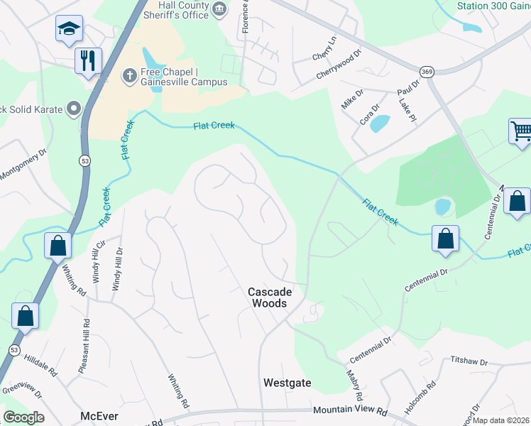 map of restaurants, bars, coffee shops, grocery stores, and more near 3023 Applewood Way Southwest in Gainesville