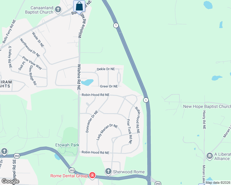 map of restaurants, bars, coffee shops, grocery stores, and more near 316 Robin Hood Road Northeast in Rome