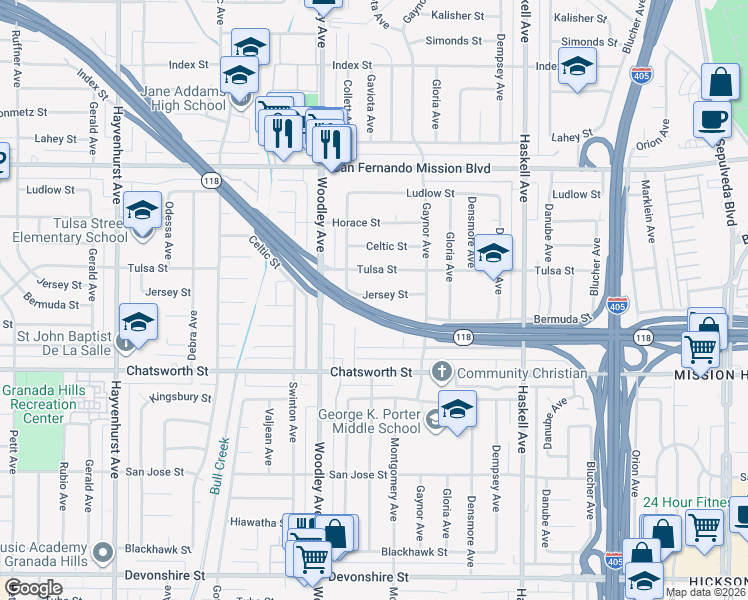 map of restaurants, bars, coffee shops, grocery stores, and more near 16055 Jersey Street in Los Angeles