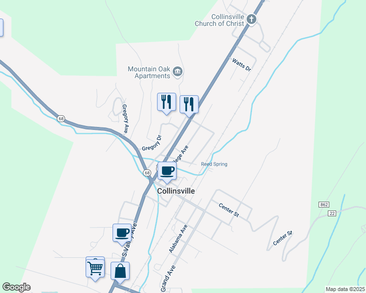 map of restaurants, bars, coffee shops, grocery stores, and more near 223 College Avenue in Collinsville