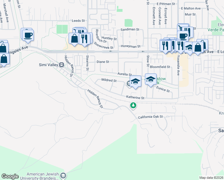 map of restaurants, bars, coffee shops, grocery stores, and more near 1612 Elberta Avenue in Simi Valley