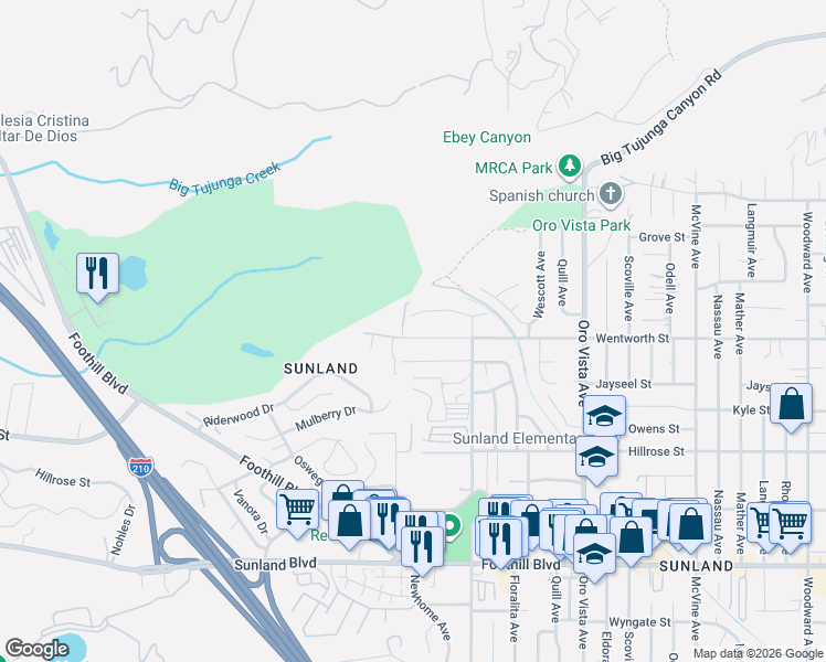 map of restaurants, bars, coffee shops, grocery stores, and more near 8713 Wentworth Street in Los Angeles