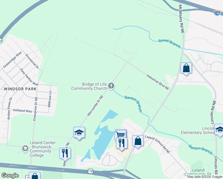 map of restaurants, bars, coffee shops, grocery stores, and more near 2220 Mercantile Dr NE in Leland