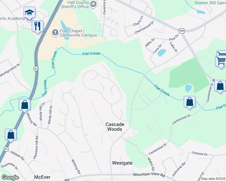 map of restaurants, bars, coffee shops, grocery stores, and more near 3023 Applewood Way Southwest in Gainesville