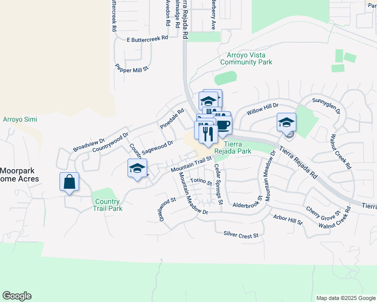 map of restaurants, bars, coffee shops, grocery stores, and more near 11714 Quailcreek Court in Moorpark