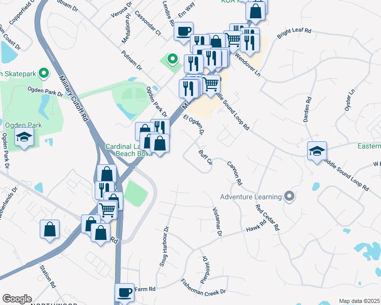 map of restaurants, bars, coffee shops, grocery stores, and more near 207 El Ogden Drive in Wilmington