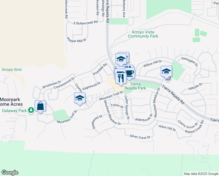 map of restaurants, bars, coffee shops, grocery stores, and more near 11714 Quailcreek Court in Moorpark
