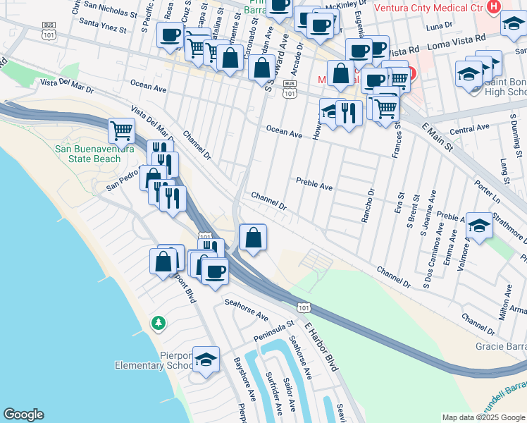 map of restaurants, bars, coffee shops, grocery stores, and more near 2392 Haley Point Drive in Ventura