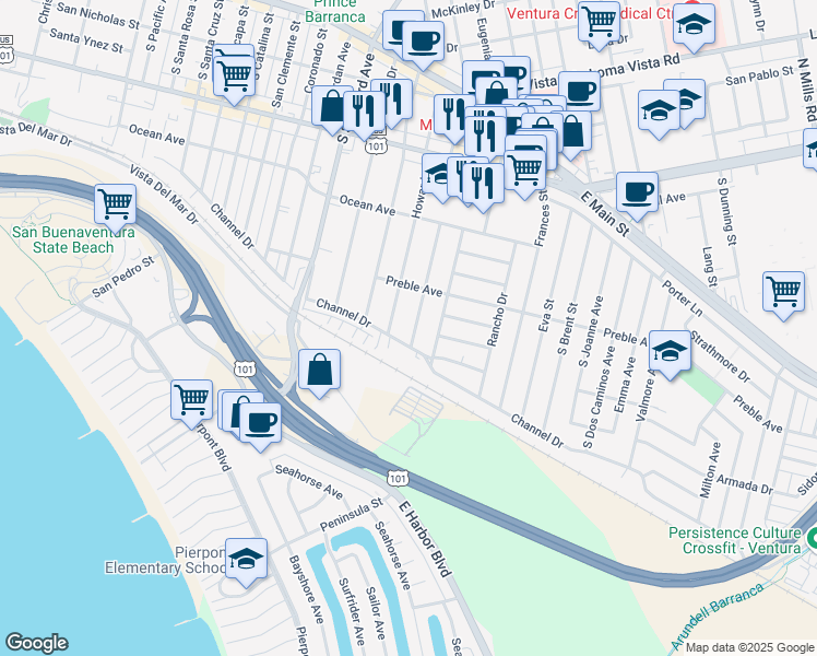 map of restaurants, bars, coffee shops, grocery stores, and more near 583 Jones Street in Ventura