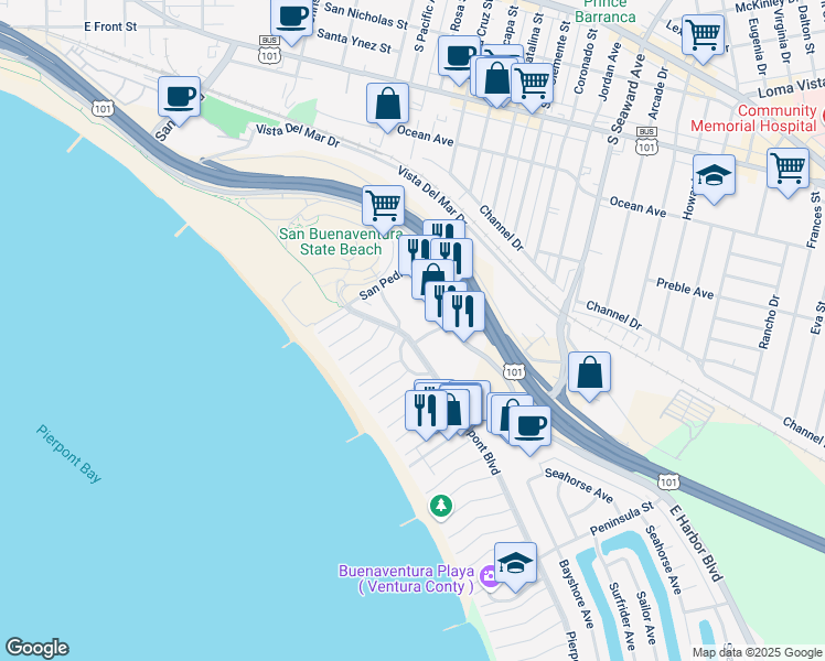 map of restaurants, bars, coffee shops, grocery stores, and more near 2107 Pierpont Boulevard in Ventura
