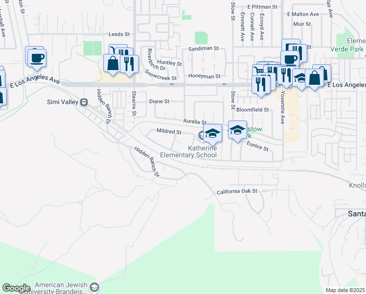 map of restaurants, bars, coffee shops, grocery stores, and more near 5368 Leland Circle in Simi Valley
