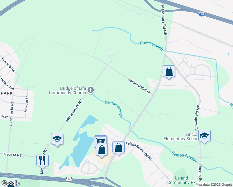 map of restaurants, bars, coffee shops, grocery stores, and more near 9092 Arden Road Northeast in Leland