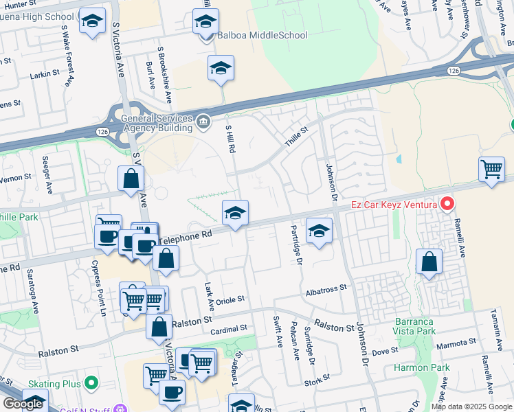 map of restaurants, bars, coffee shops, grocery stores, and more near 1000 South Hill Road in Ventura