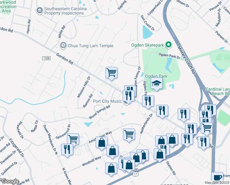 map of restaurants, bars, coffee shops, grocery stores, and more near 6530 Gordon Road in Wilmington
