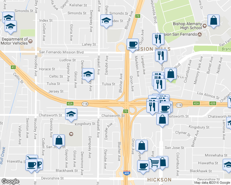 map of restaurants, bars, coffee shops, grocery stores, and more near 10828 Aqueduct Avenue in Los Angeles