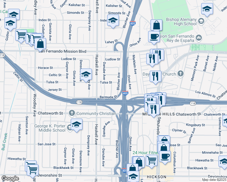 map of restaurants, bars, coffee shops, grocery stores, and more near 10828 Aqueduct Avenue in Los Angeles