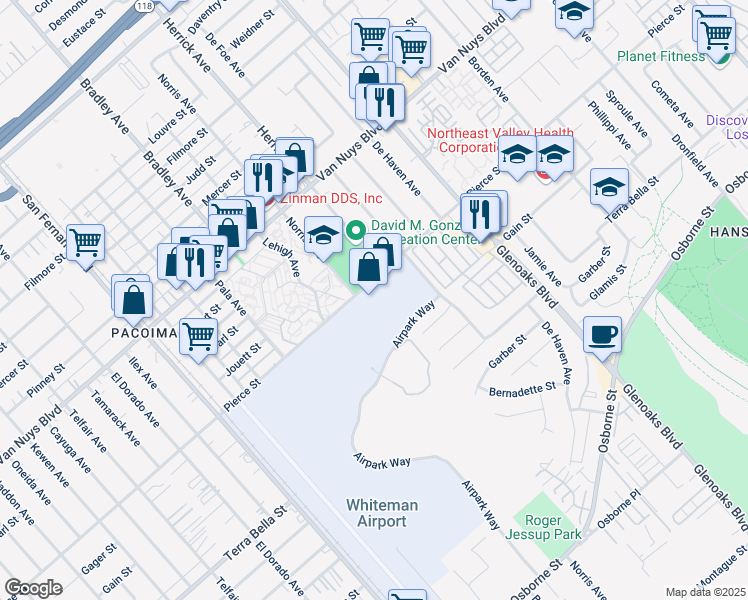 map of restaurants, bars, coffee shops, grocery stores, and more near 12842 Pierce Street in Los Angeles