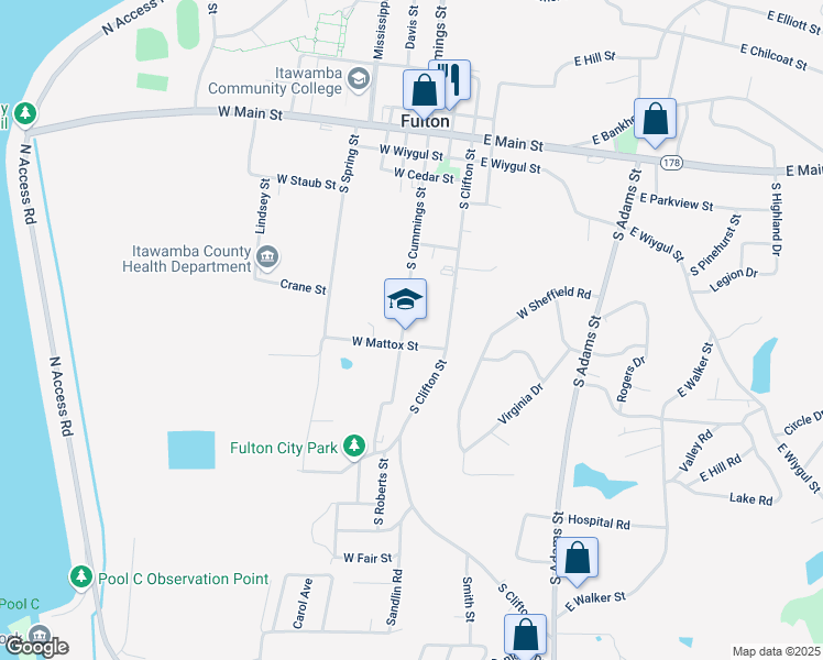 map of restaurants, bars, coffee shops, grocery stores, and more near 605 South Cummings Street in Fulton