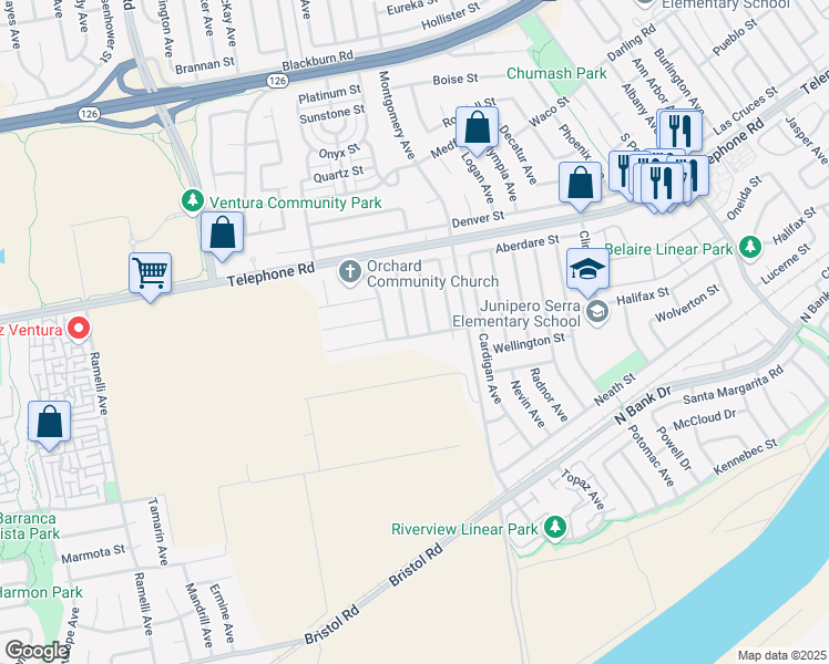 map of restaurants, bars, coffee shops, grocery stores, and more near 1384 Owens Avenue in Ventura