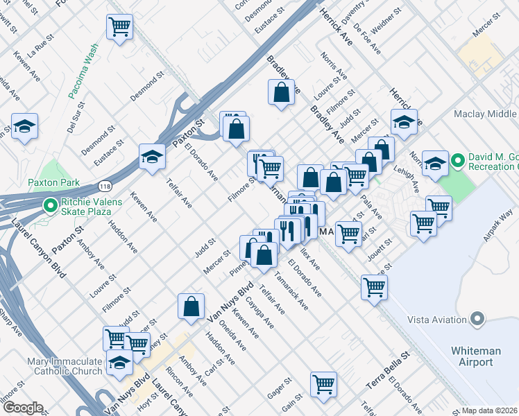 map of restaurants, bars, coffee shops, grocery stores, and more near 10853 Ilex Avenue in Los Angeles