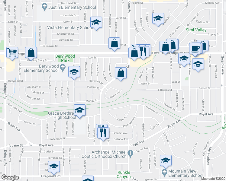 map of restaurants, bars, coffee shops, grocery stores, and more near 2646 Prather Street in Simi Valley