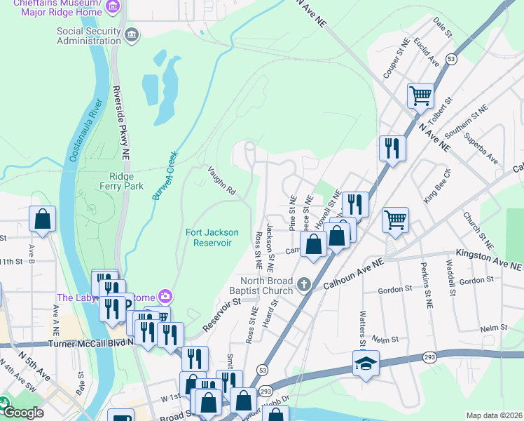 map of restaurants, bars, coffee shops, grocery stores, and more near 327 Ross Street Northeast in Rome