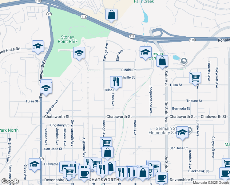 map of restaurants, bars, coffee shops, grocery stores, and more near 21302 Tulsa Street in Los Angeles