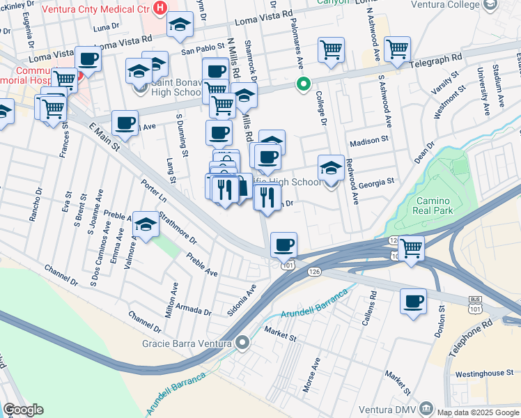 map of restaurants, bars, coffee shops, grocery stores, and more near South Mills Road & Dean Drive in Ventura