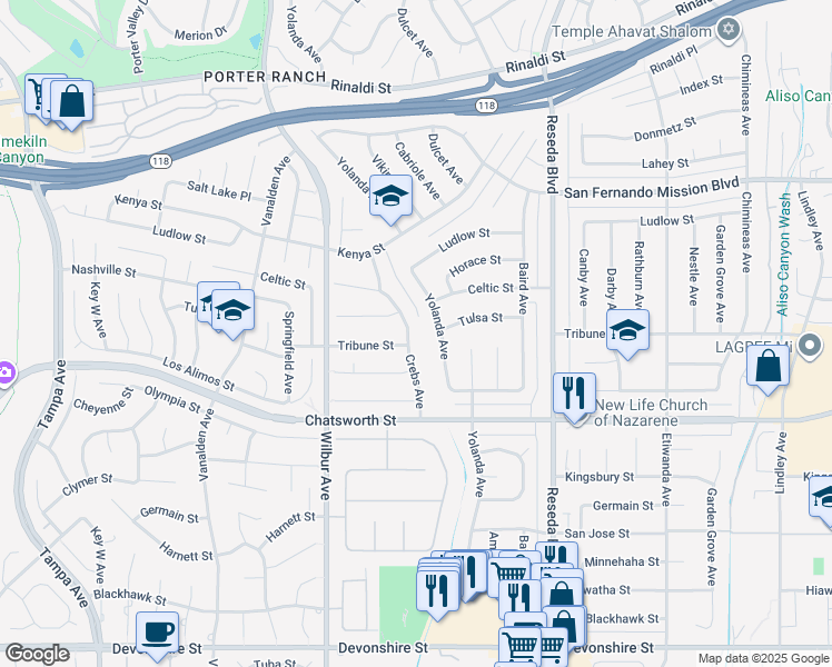 map of restaurants, bars, coffee shops, grocery stores, and more near 10824 Crebs Avenue in Los Angeles