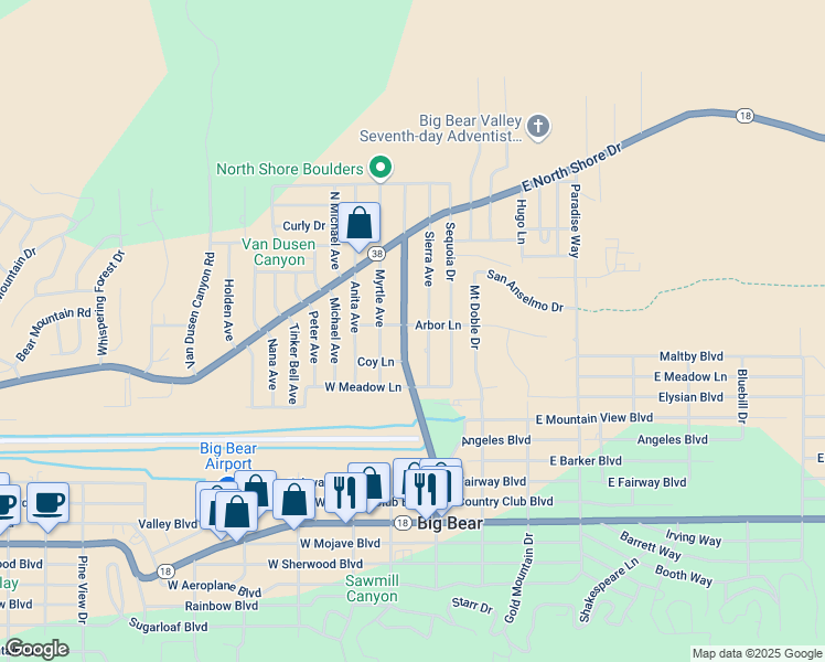 map of restaurants, bars, coffee shops, grocery stores, and more near 936 Greenway Drive in Big Bear