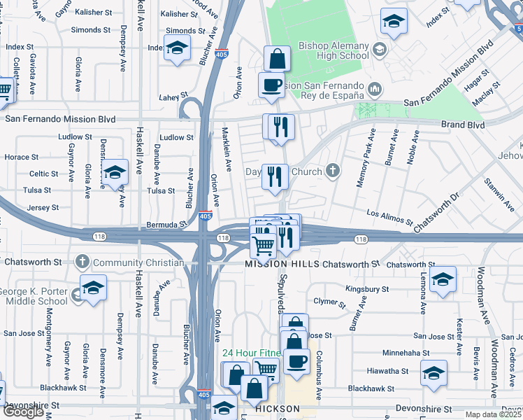map of restaurants, bars, coffee shops, grocery stores, and more near 10824 Langdon Avenue in Los Angeles