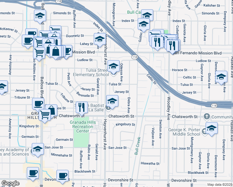 map of restaurants, bars, coffee shops, grocery stores, and more near 16518 Jersey Street in Los Angeles