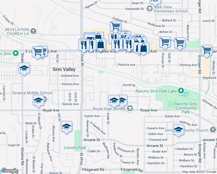 map of restaurants, bars, coffee shops, grocery stores, and more near 1390 Sorrel Street in Simi Valley