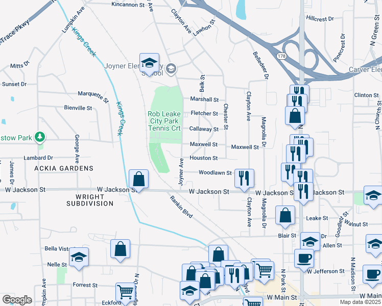 map of restaurants, bars, coffee shops, grocery stores, and more near 1303 Maxwell Street in Tupelo
