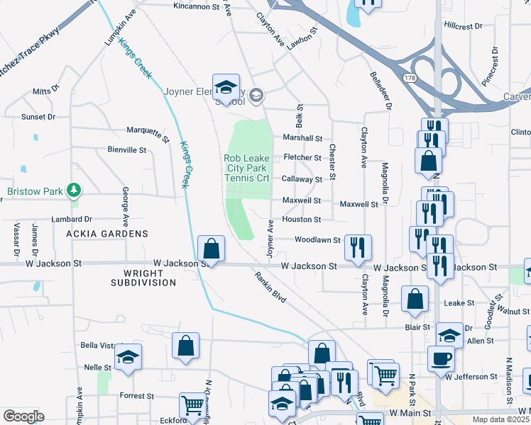 map of restaurants, bars, coffee shops, grocery stores, and more near 107 Briarwood Circle in Tupelo