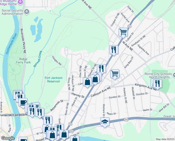 map of restaurants, bars, coffee shops, grocery stores, and more near 207 West Callahan Street in Rome