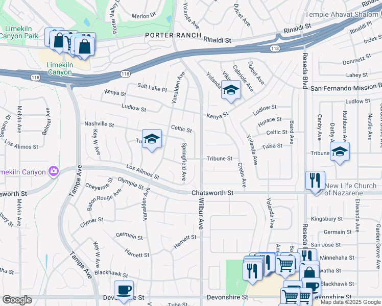 map of restaurants, bars, coffee shops, grocery stores, and more near 10849 Topeka Drive in Los Angeles