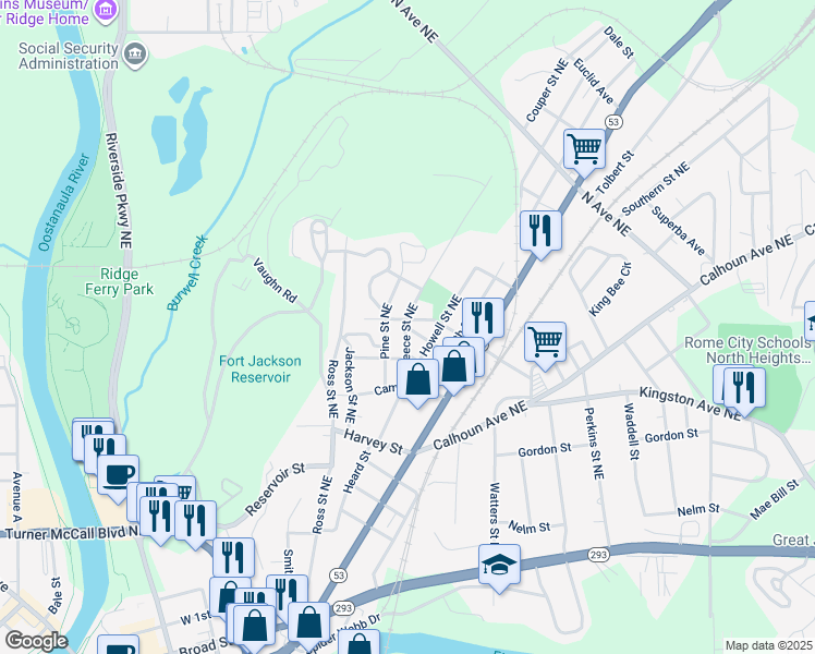 map of restaurants, bars, coffee shops, grocery stores, and more near 200 Reece Street Northeast in Rome