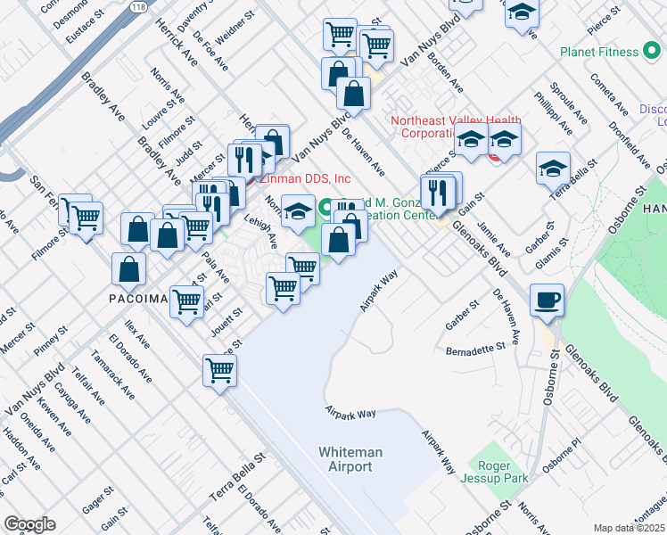 map of restaurants, bars, coffee shops, grocery stores, and more near 12842 Pierce Street in Los Angeles