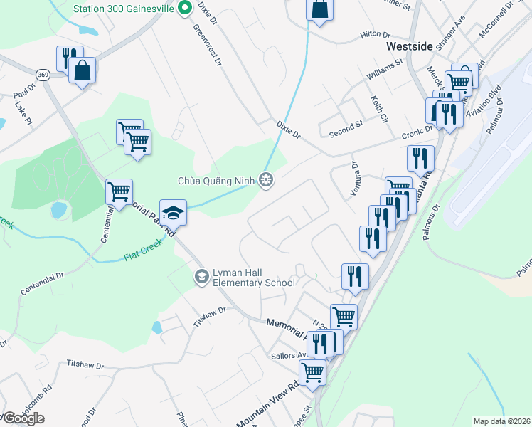 map of restaurants, bars, coffee shops, grocery stores, and more near 2747 Buena Vista Cir in Gainesville