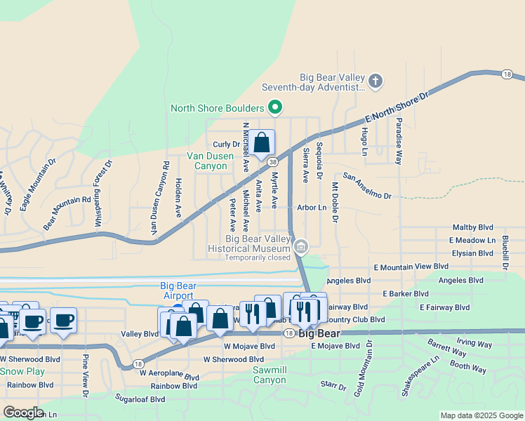 map of restaurants, bars, coffee shops, grocery stores, and more near 940 Anita Avenue in Big Bear