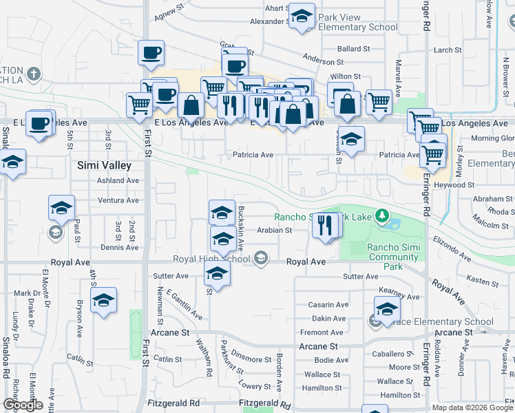 map of restaurants, bars, coffee shops, grocery stores, and more near 1442 Sorrel Street in Simi Valley