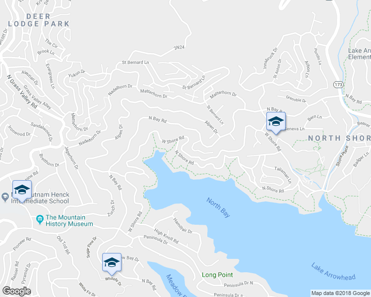 map of restaurants, bars, coffee shops, grocery stores, and more near 27778 West Shore Road in Lake Arrowhead