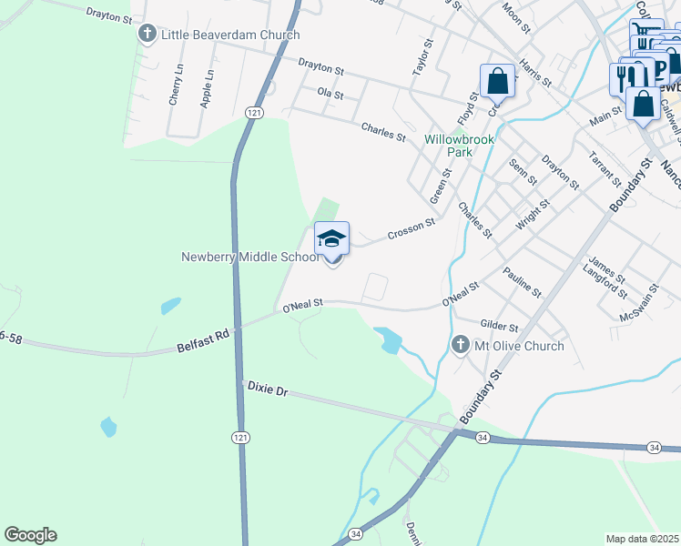 map of restaurants, bars, coffee shops, grocery stores, and more near 125 O'Neal Street in Newberry