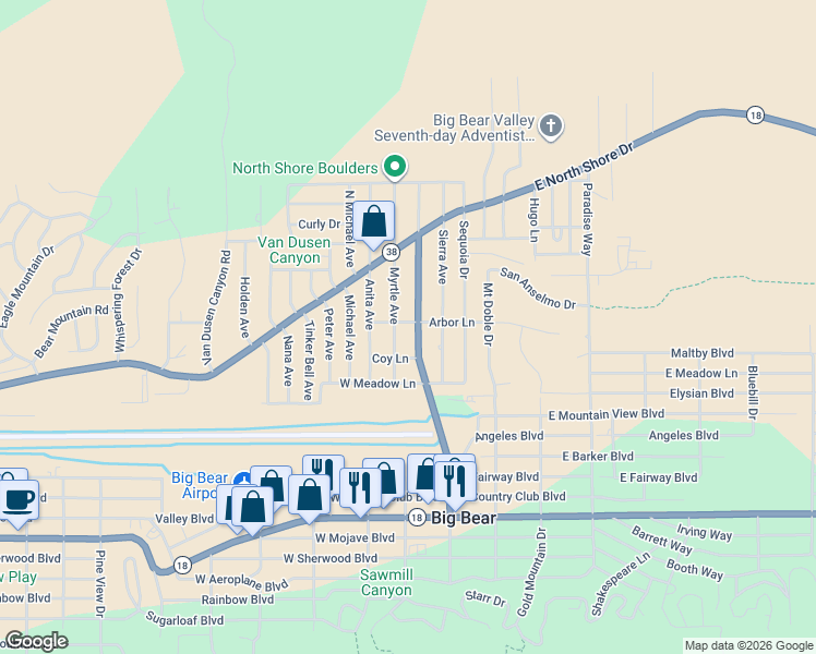 map of restaurants, bars, coffee shops, grocery stores, and more near in Big Bear