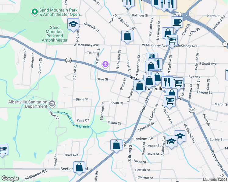 map of restaurants, bars, coffee shops, grocery stores, and more near 407 West Alabama Avenue in Albertville